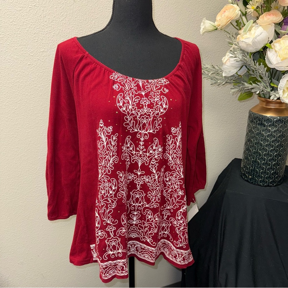 NWT Rebecca Malone Red Embroidered Boho Tunic Top 3/4 Sleeve Large